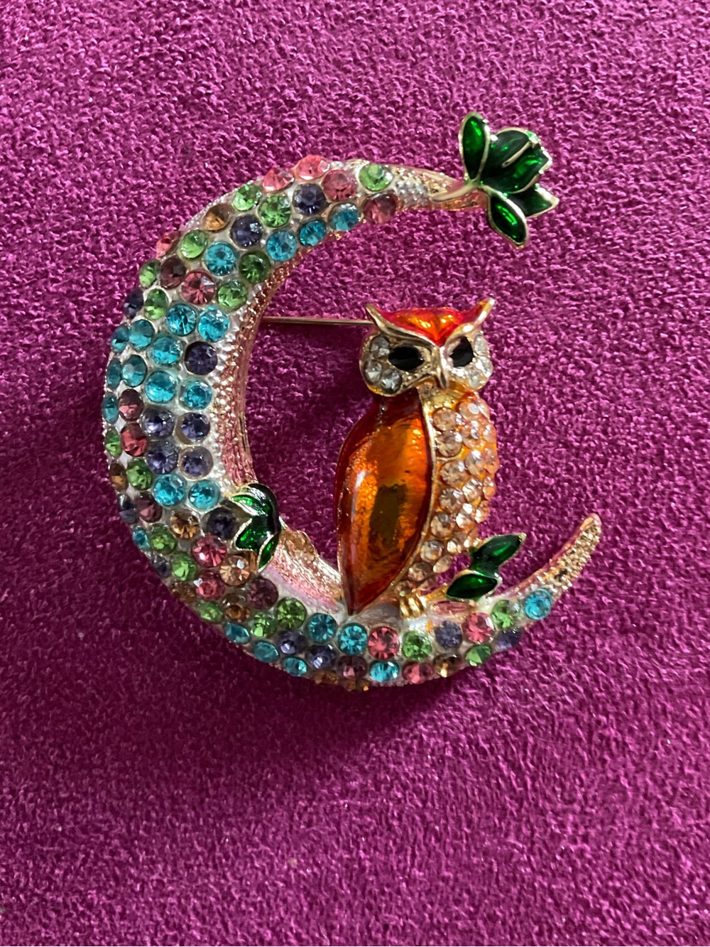 Adorable Multicolor Crystal Owl on Crescent Moon Brooch/Pendant. 2”